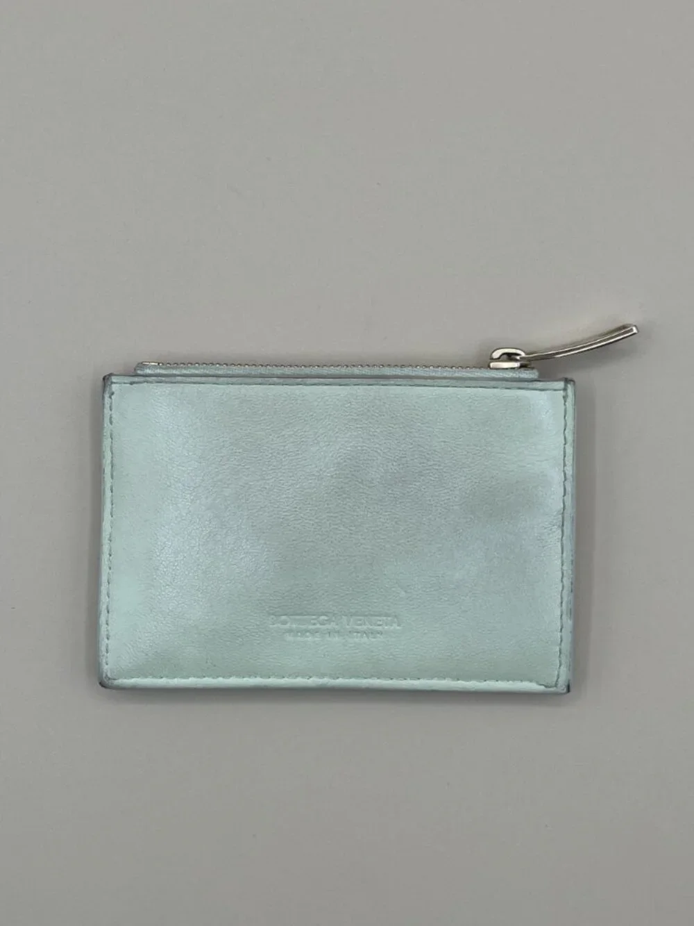Bottega Veneta Intrecciato Zip Card Case Mint Green Woven Leather Key Ring Coin